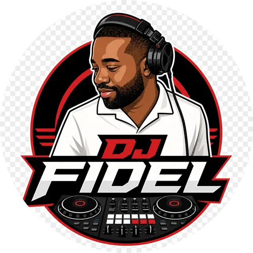 DJ Fidel illustrated mascot wearing headphones behind a DJ controller