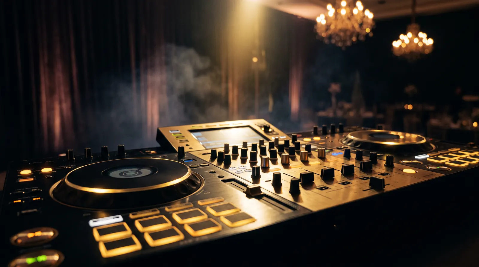 Professional DJ controller with glowing gold LED accents in a dark event venue