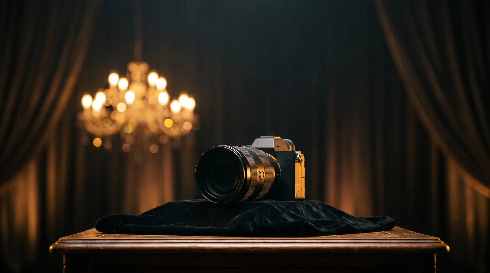 Professional camera resting on a dark velvet surface with warm chandelier light in the background