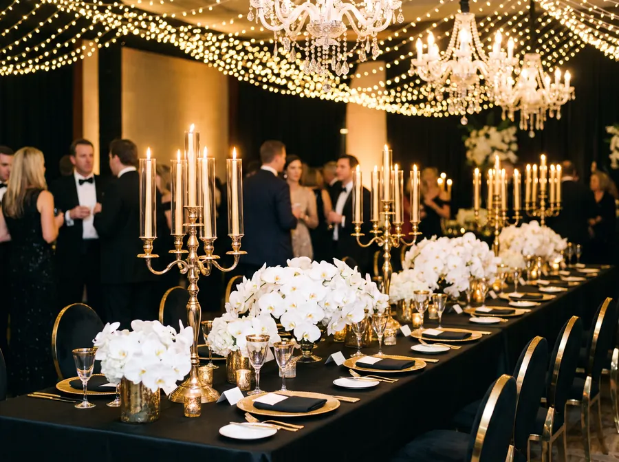Long reception table with candelabras, white orchids, and gold place settings under string lights