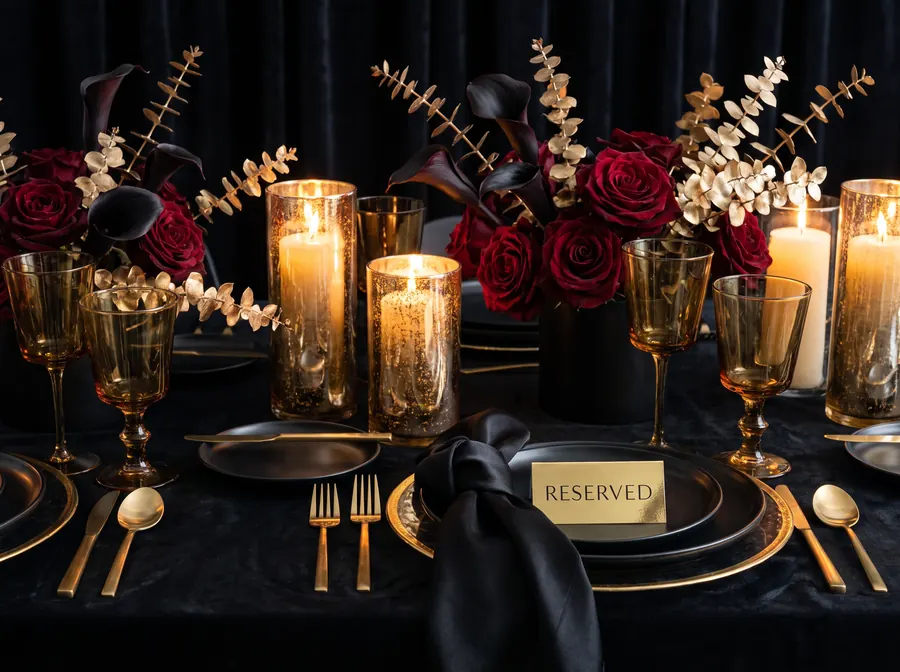 Elegant table setting with dark red florals, gold accents, and candlelight
