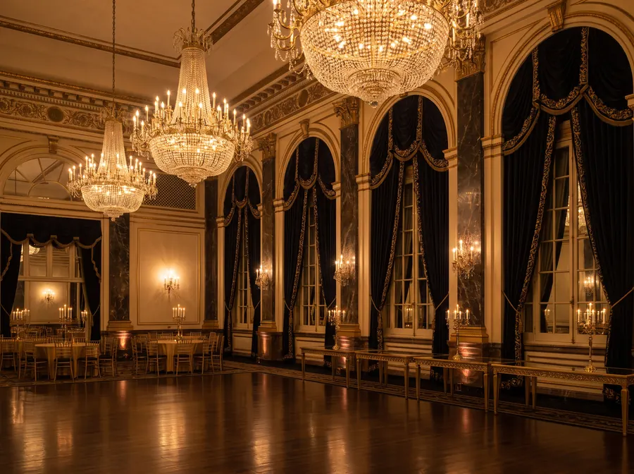 Grand event ballroom with gold chandeliers and dark drapery