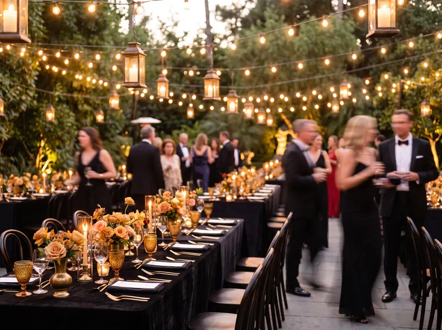 Outdoor evening reception with string lights, lanterns, and warm floral centerpieces