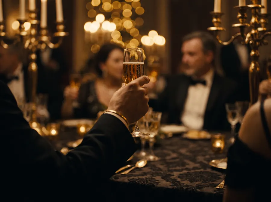 Film-style still of a champagne toast at an event reception