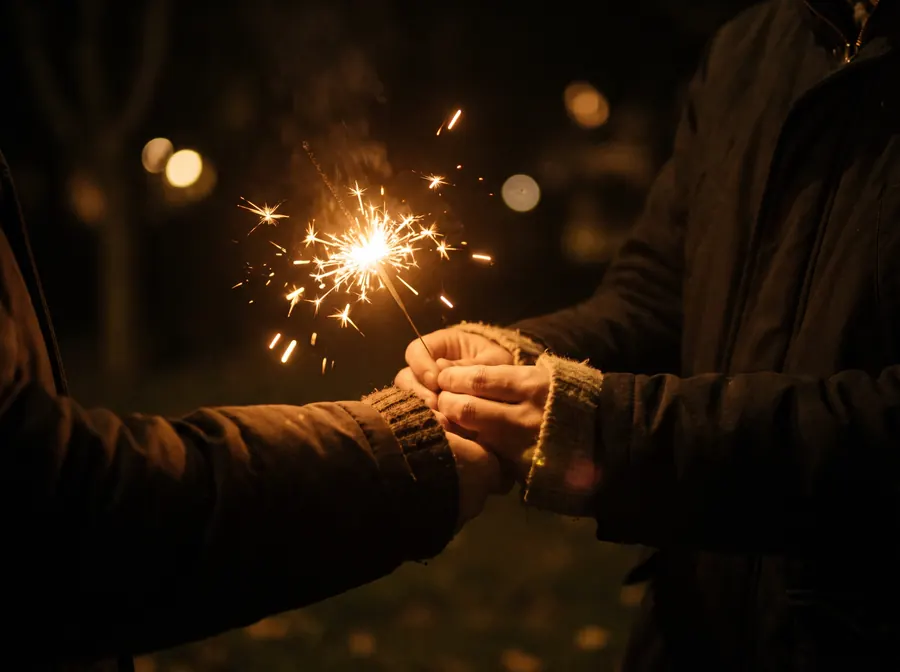Film-style close-up still of hands holding a lit sparkler at night