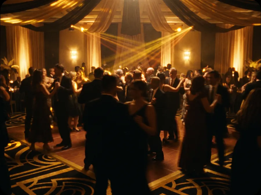 Dynamic gold uplighting and light beams on an event dance floor